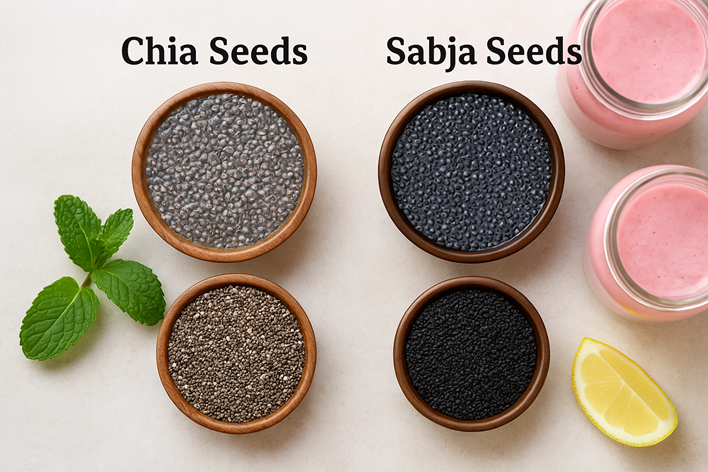 Chia seeds vs Sabja seeds – soaked and dry comparison with healthy ingredients Mirchi Bomb